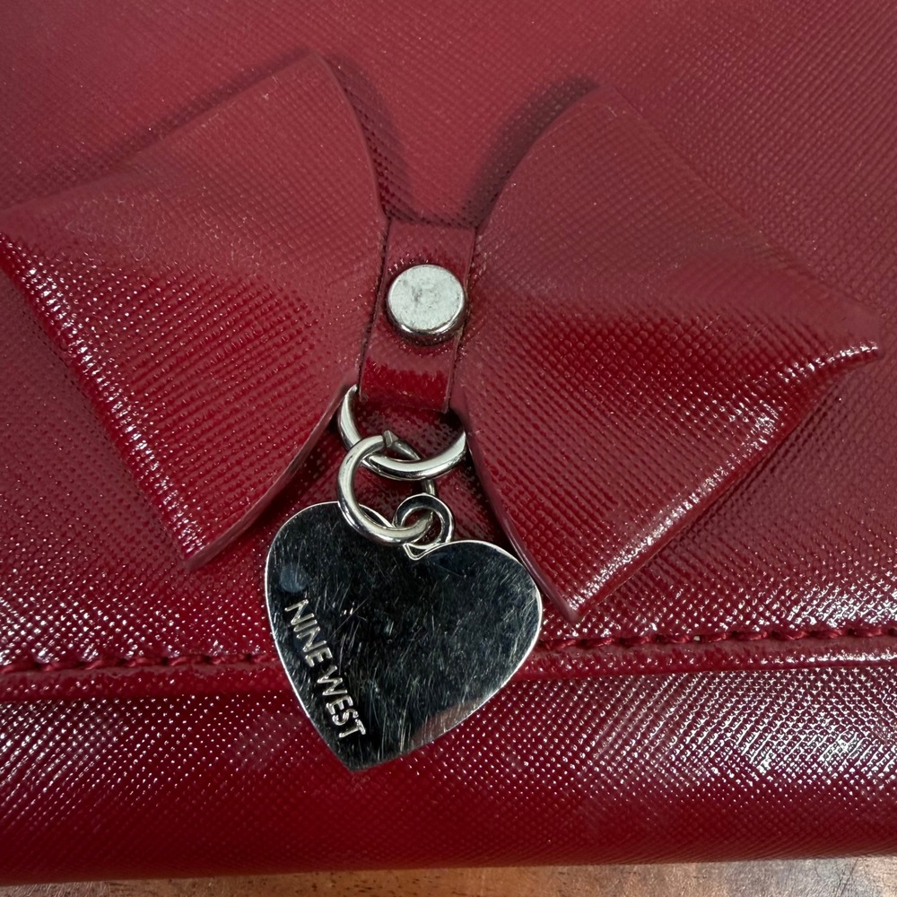Nine West Red Saffiano Bow Heart Charm Tri-Fold Wallet Metallic Interior